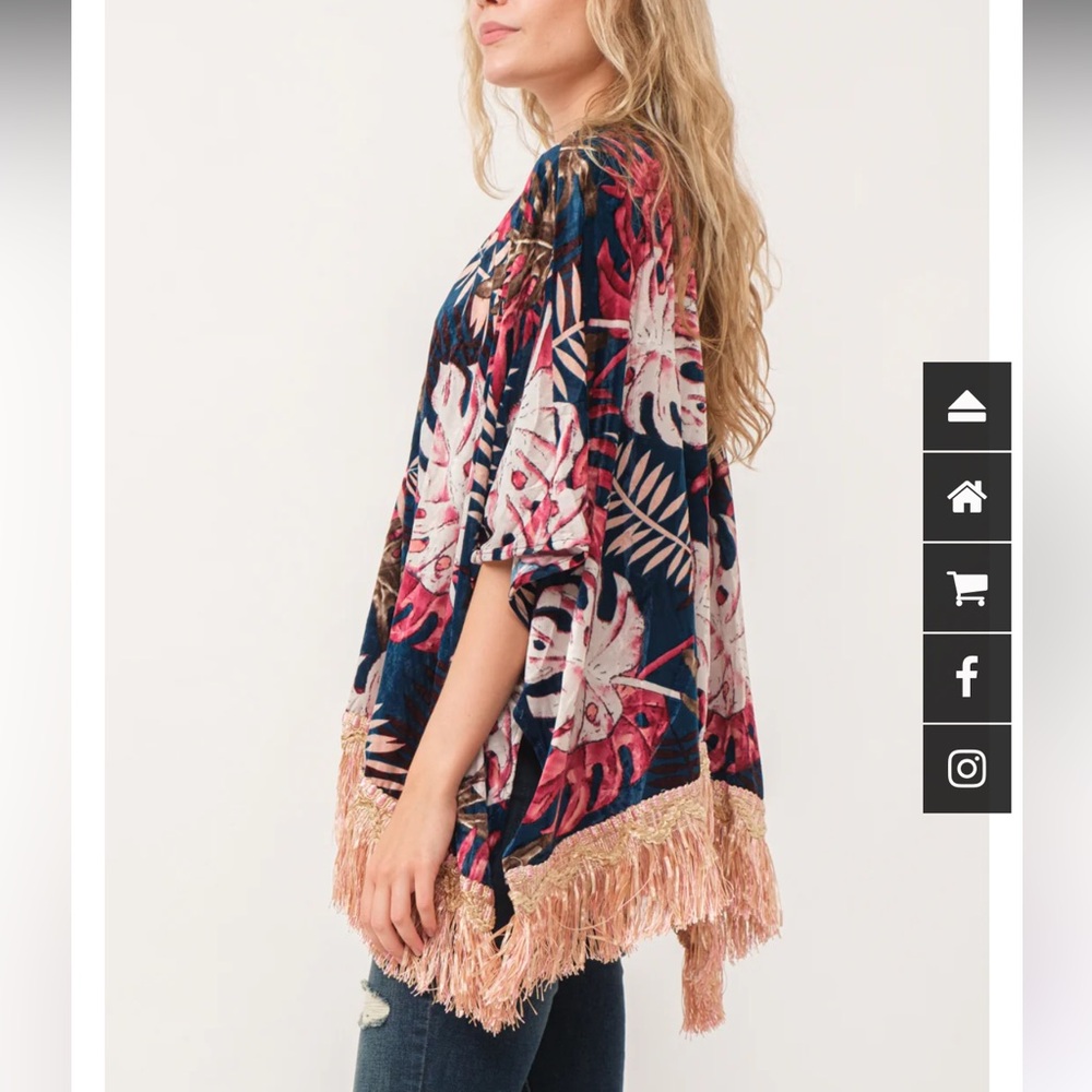 Kimono, velvet colorful print, arm holes, fringe along hemline, mid length - Picture 2 of 8